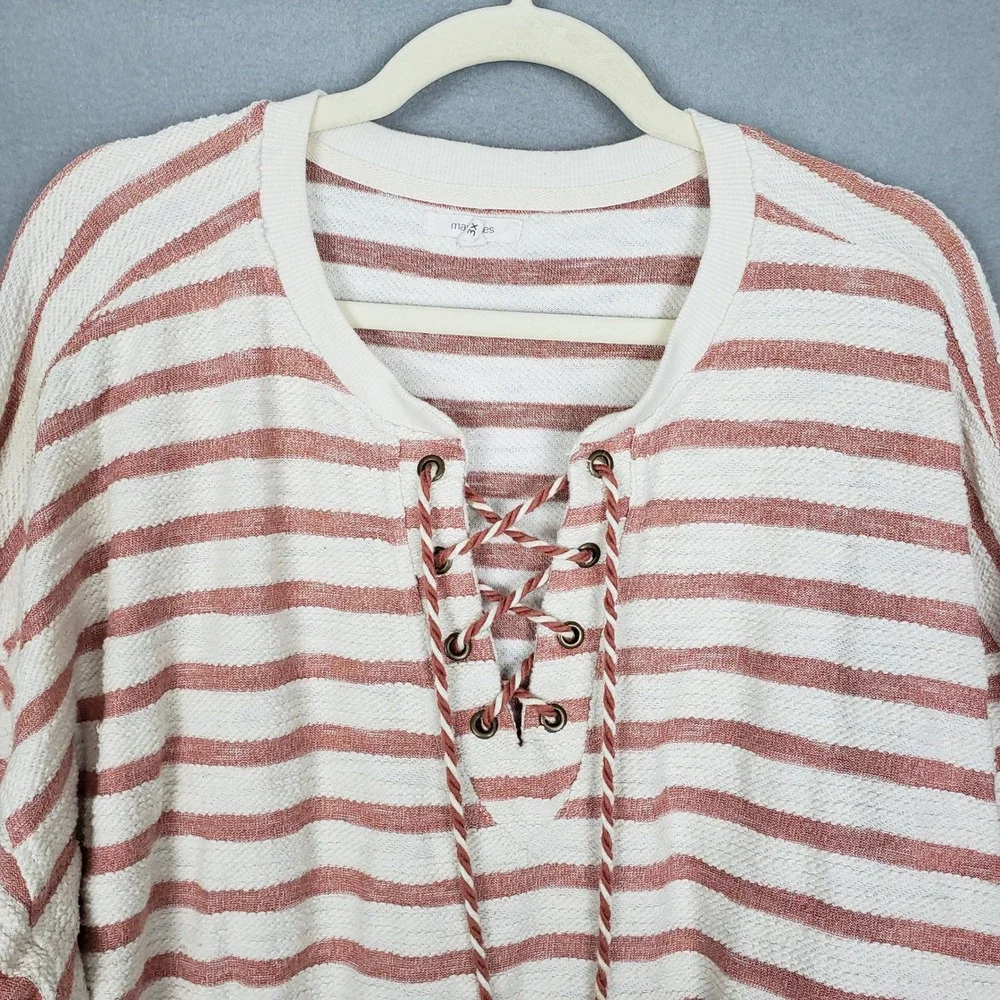 Maurices 3X Lace Up Neck Hanley Pullover Cream Mauve Stripe‎ Spring Fisherman
